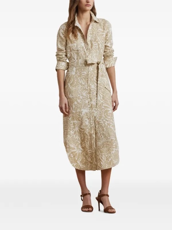 Lauren Ralph Lauren Dresses & Skirts - 100% Linen Lauren Ralph Lauren Beige Floral Button-Front Shirt Dress Size 8